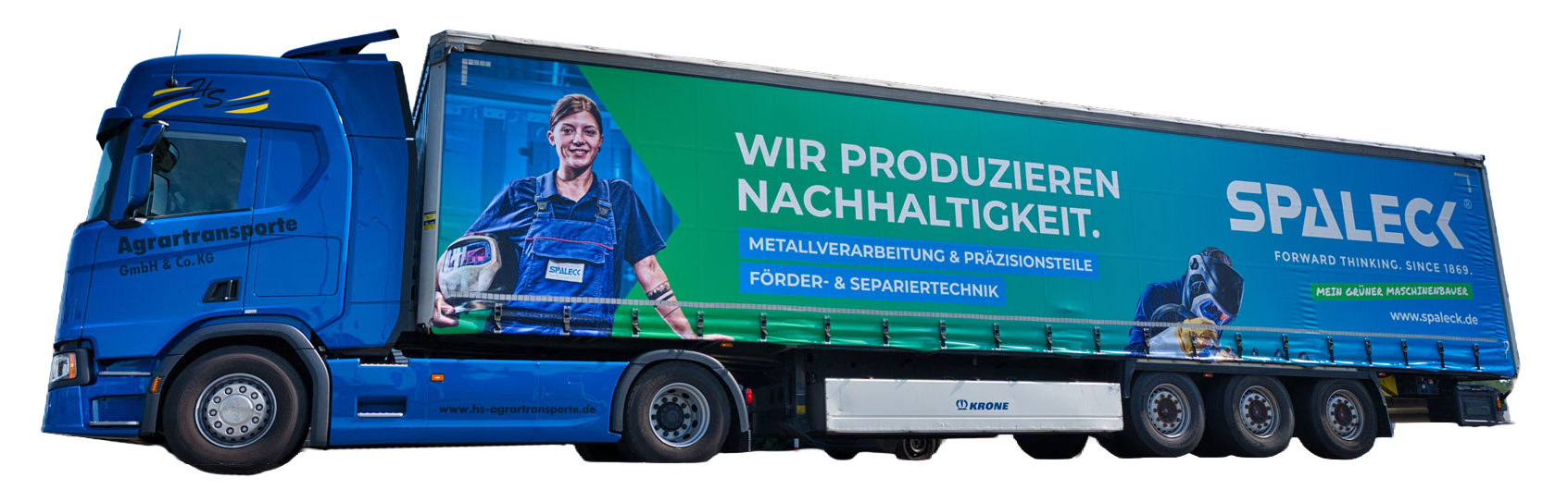 Camión con publicidad del Grupo SPALECK a favor de la producción sostenible.