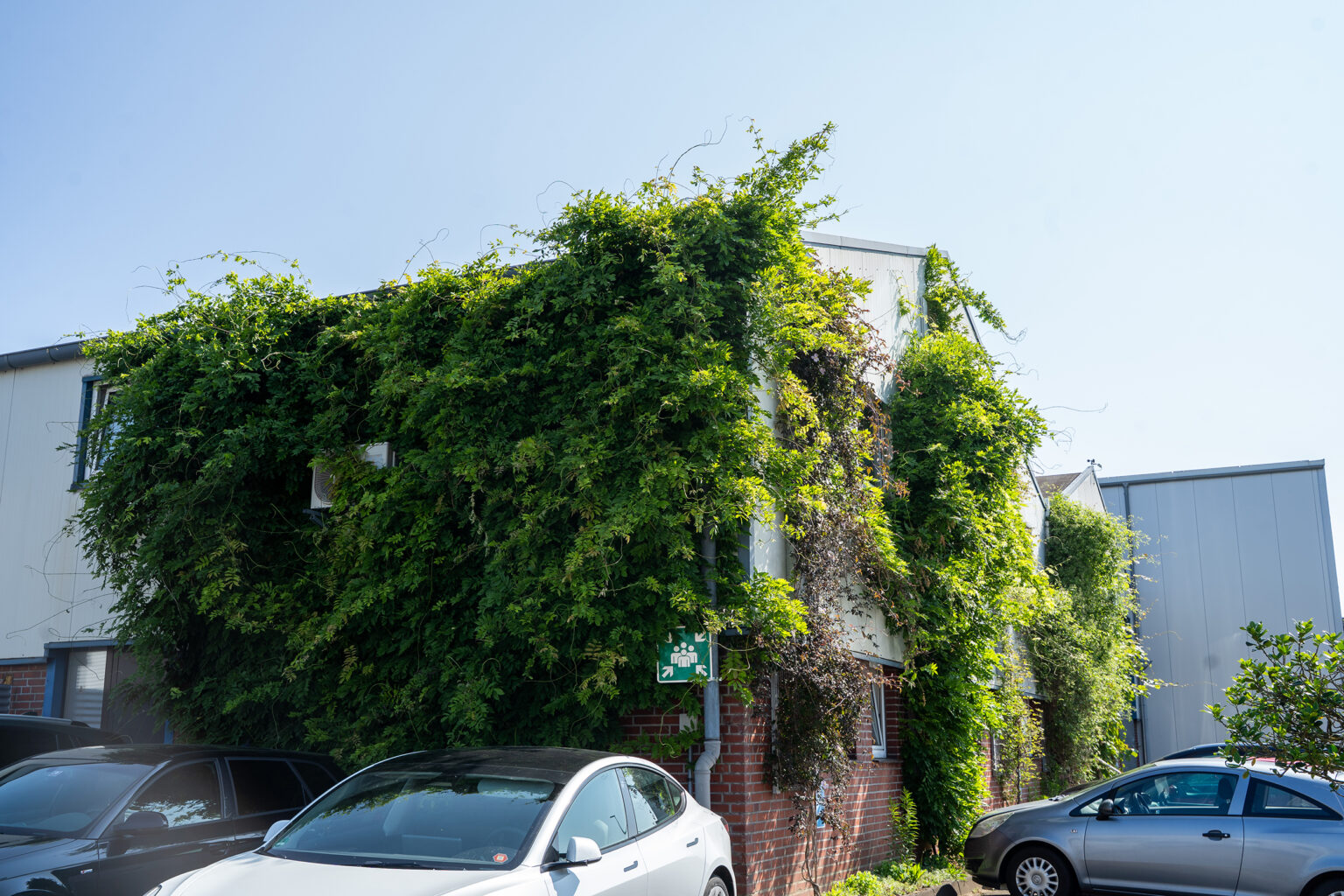 Fachada ajardinada de un edificio con coches en primer plano; la sostenibilidad en SPALECK.