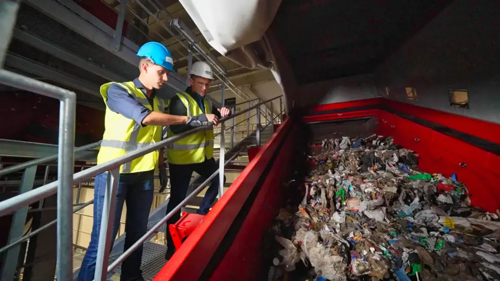 Dos expertos en reciclaje observan una cribadora SPALECK en una gran planta de reciclaje de residuos domésticos.
