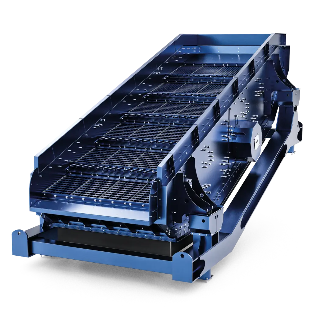 Criba vibratoria SPALECK para materiales reciclables en forma de animación. Las bandejas de cribado se adaptan de forma modular al material del cliente. El modelo que se muestra se apoya sobre un bastidor oscilante.