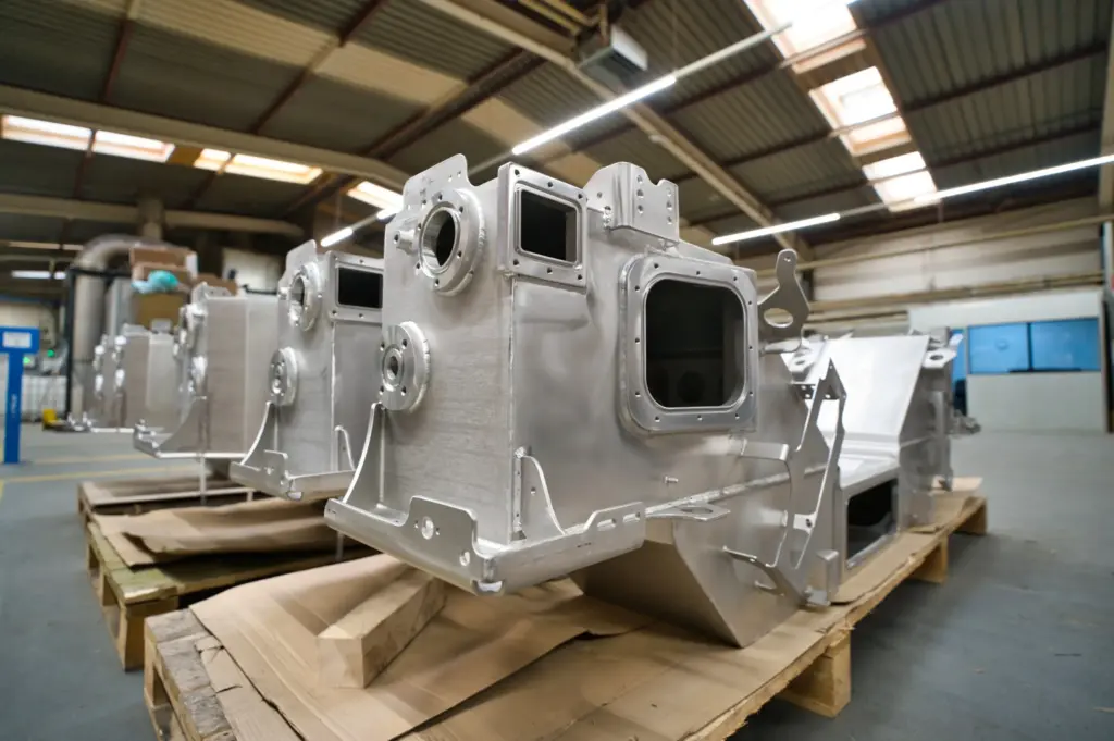 Grandes conjuntos metálicos en palés dentro de una nave industrial.