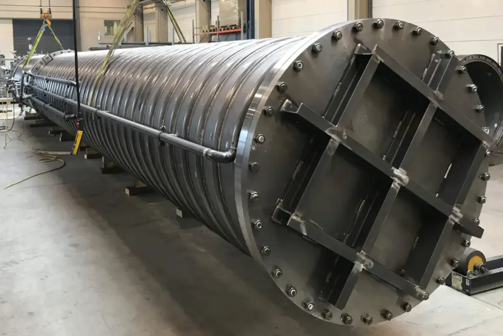 Gran pieza metálica cilíndrica en una nave industrial, sector de la metalurgia.