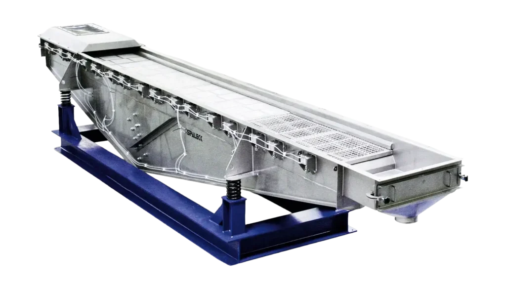 Criba industrial con bastidor azul para el control de calidad.