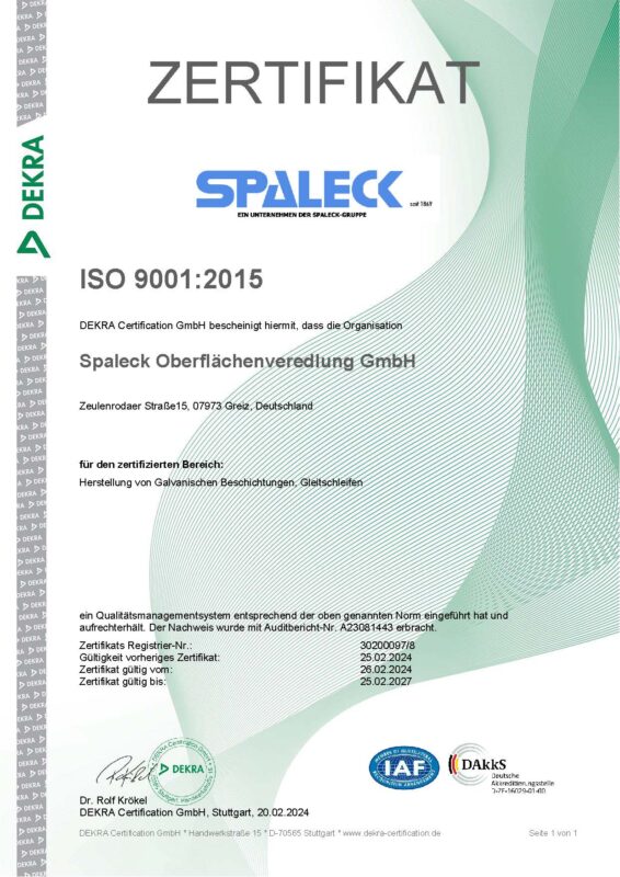 Certificado ISO 9001:2015 de gestión de la calidad para una empresa de acabado de superficies.