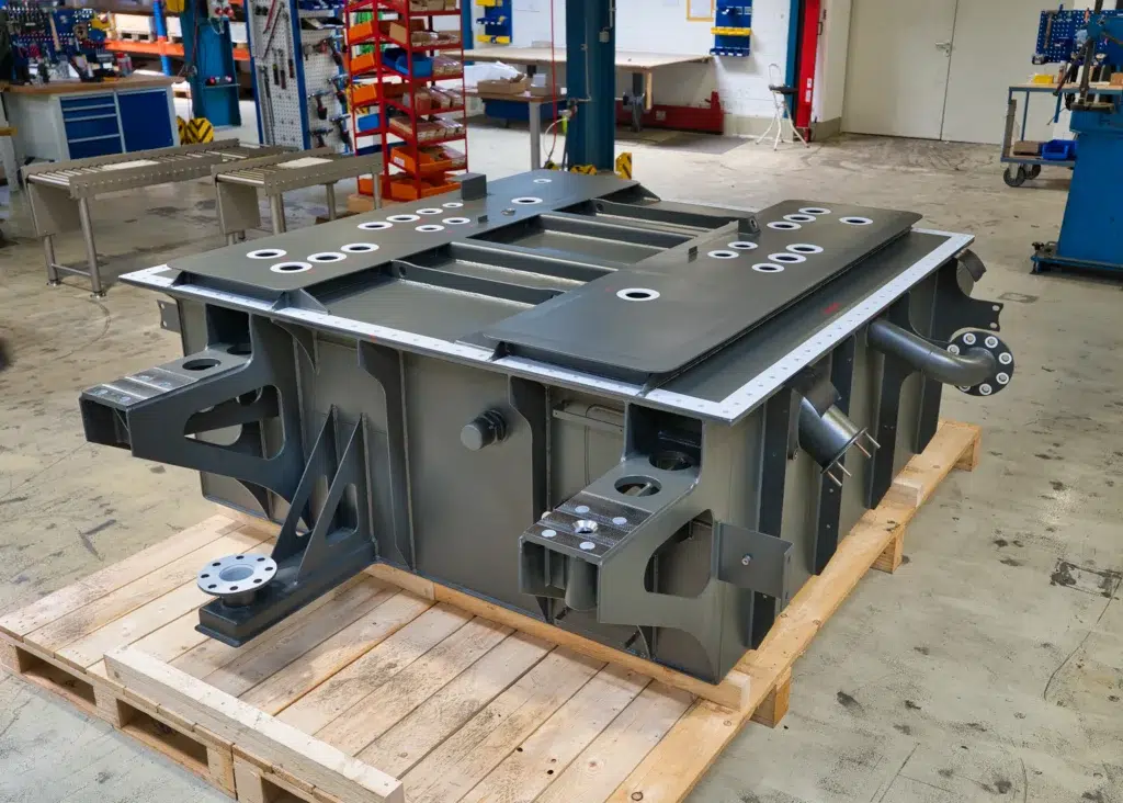 Carcasa de transformador de alta calidad fabricada según la norma DIN EN 15085-2 CL1, incluyendo los trabajos de soldadura, mecanizado y acabado superficial realizados por SPALECK.