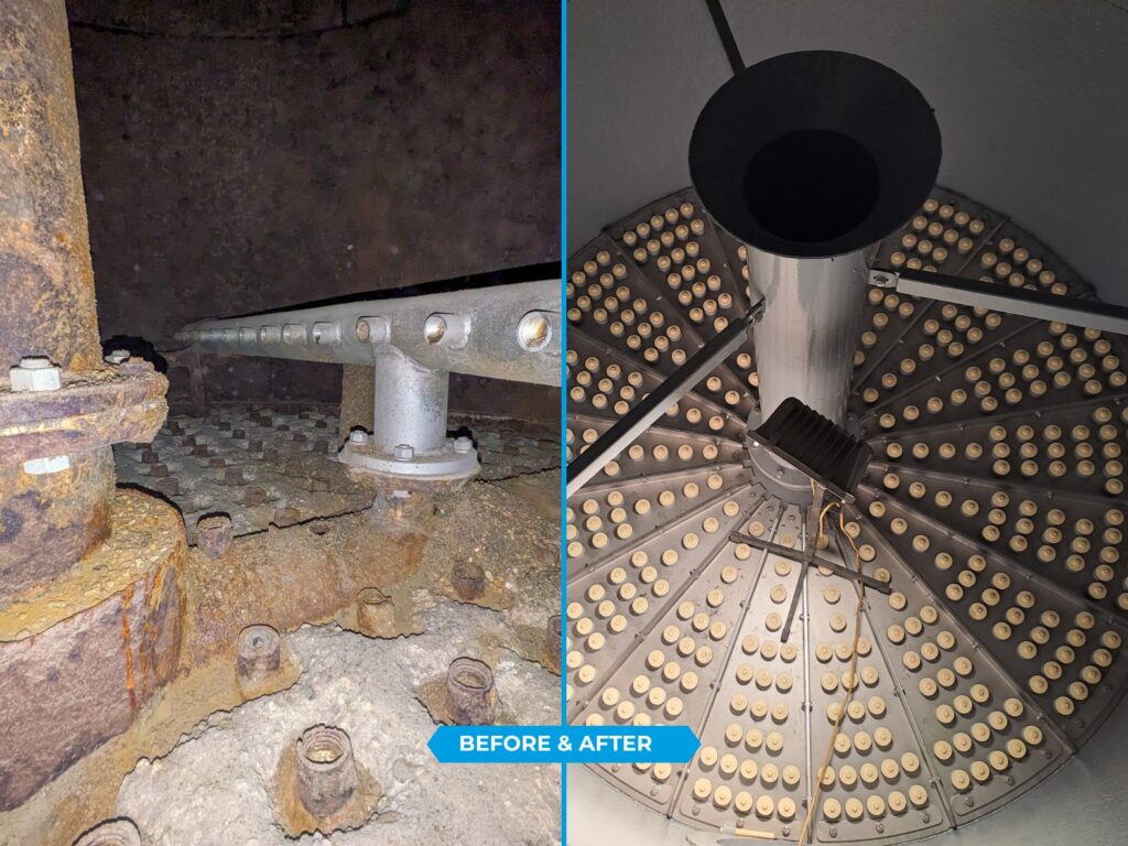 A la izquierda, un antiguo filtro de grava obstruido para el tratamiento del agua. A la derecha, vista desde arriba del nuevo filtro.